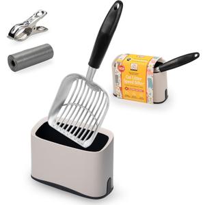 Heavy Duty Full Metal Cat Litter Scoop with Holder - Speed Sifter Litter Box Scooper Captures All Clumps - Kitty Litter Sifting Shovel Comfy Handle - Cat Scooper Includes Litter Bags & Non-Slide Clip