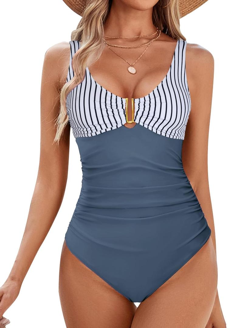 BMJL Women's Tummy Control Swimsuits Ruched Slimming One Piece Bathing Suit Deep V Neck Swimsuit (X-Large, Blue Striped)