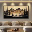 Canvas Wall Art For Living Room Black Frame Wall Decor For Bedroom Restaurant Kitchen Wall Decoration Mountain Deer Forest Silhouette Landscape Painting Artwork Aesthetic Home Decor 20x40 In
