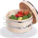 Dumpling Bamboo Steamer 10 Inch 2 Tier Wooden Basket With Handle, Reusable Silicone Liner, Kit For Cooking Baby Bao Bun, Dim Sum, Rice Potsticker Steaming Chinese Asian Food & Vegetables