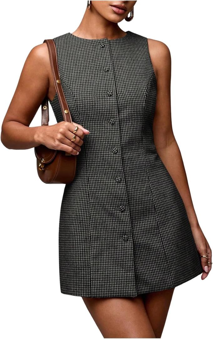 SOLY HUX Women's Plaid Button Down Dress Crew Neck Sleeveless Tie Back Work Office Mini Dresses (Dark Grey Plaid)