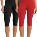 ODODOS 2-Pack High Waist Knee Length Workout Capris for Women, 14" Tummy Control Athletic Running Capri Leggings, Black+Red, Large (L)
