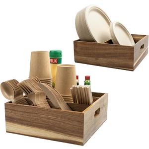 2 Set of Acacia Utensil Holder for Party - Wood Utensil Caddy for Parties and Paper Plate Dispenser for Countertop - Organize Cups, Spoons, Forks, Plates, Napkins - Kitchen Accessories