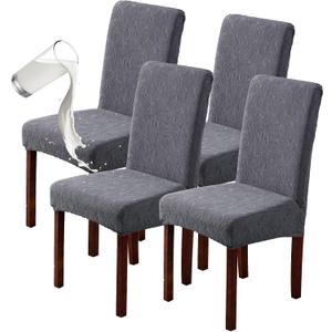 Genina 100% Waterproof Dining Room Chair Covers Set of 4 Stretch Kitchen Chair Covers Parsons Chair Slipcovers for Dining Room Chair Protector Cover, Removable, Washable (Leaf Pattern-Dark Gray, L)