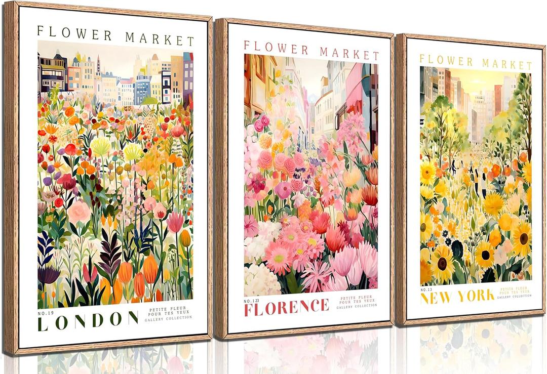 3Pcs Flower Market Color Botanical Canvas Wall Art Colorful Wildflower Sunflower Wall Decor Pictures Pink Floral Travel Posters Prints for Kitchen Bathroom Living Room Bedroom Decoration Unframed (16L" x 12W")