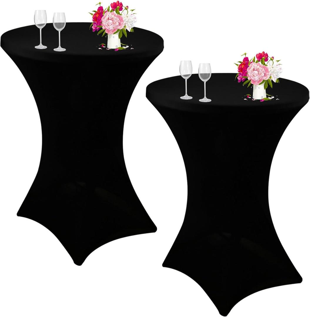 2 Pack Cocktail Spandex Tablecloth 32"x43" Cocktail Table Cover Fitted for High Top Round Table for Bar Wedding Birthday Party Banquet (Black)