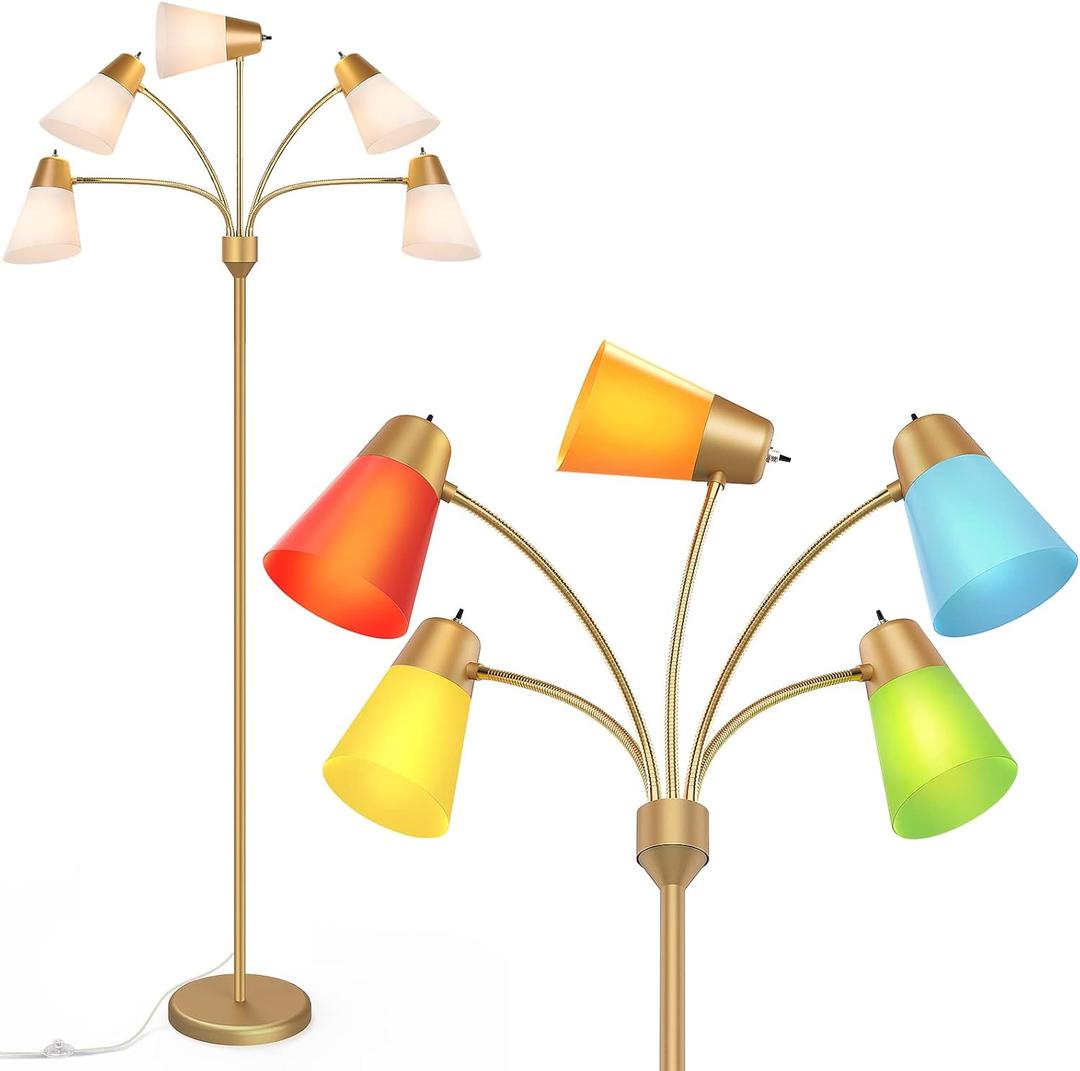 FOLKSMATE LED Floor Lamp, Medusa Multi Head Modern Tall Standing Lamps, Adjustable Corner Reading Floor Light for Living Room, Bedroom, Kids Room, White and Colored Lampshades, Brass Gold