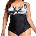 Daci Women Plus Size One Piece Swimsuits - Tummy Control Retro Ruched Bathing Suits Vintage Swimwear Striped and Black Large 12W