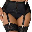 ohyeah High-Waisted Garter Belt Plus Size- Lace Mesh Suspenders Belt with 6 Metal Clip for Thigh Highs Garter Stockings (1X-2X, 1- Black)