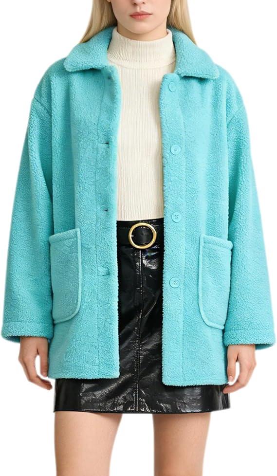 Women's Faux Wool Coat Long Winter Jacket with Pockets, Long Sleeve Lapel Coat, Soft Fluffy Outerwear for Women (Light Blue, XX-Large)