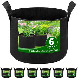 6 Pack 5 Gallon Grow Bags, Heavy Duty 300g Nonwoven Fabric Plant Pots with Reinforced Handles, Breathable Tomato Potato Vegetable Grow Bags for Garden & Patio - Black