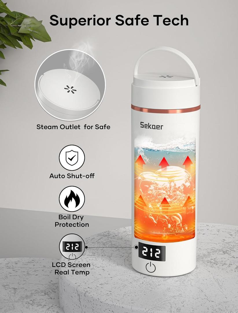 Sekaer Travel Portable Electric Kettle, Small Tea Kettle Coffee Mini Hot Water Boiler, 400mL & 304 Stainless Steel, with 4 Variable Presets and Auto Shut-Off SKE-840B (White Gold)