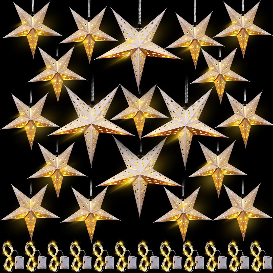 Hortsun 20 Set Christmas Paper Star Shape Lantern 2 Size 17.7 11.8 Christmas Hanging Ornaments Lights 3D Lampshade Hanging Decor with 20 LED Light for Xmas New Year(White)