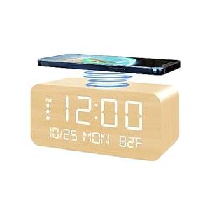 JALL Digital Alarm Clock, with Wooden Electronic LED Time Display, 3 Alarm Settings, 10W Wireless Charging, Day of The Week, Temperature Detect, Wood Made Digital Clocks for Office, Bedroom, Yellow