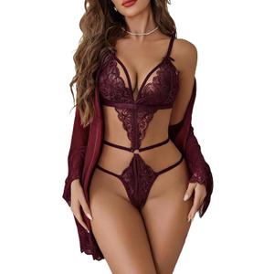 Avidlove Women Sexy Lingerie Set 2 Piece Lace Teddy with Mesh Kimono Robe Bodysuit Nightgown (M)