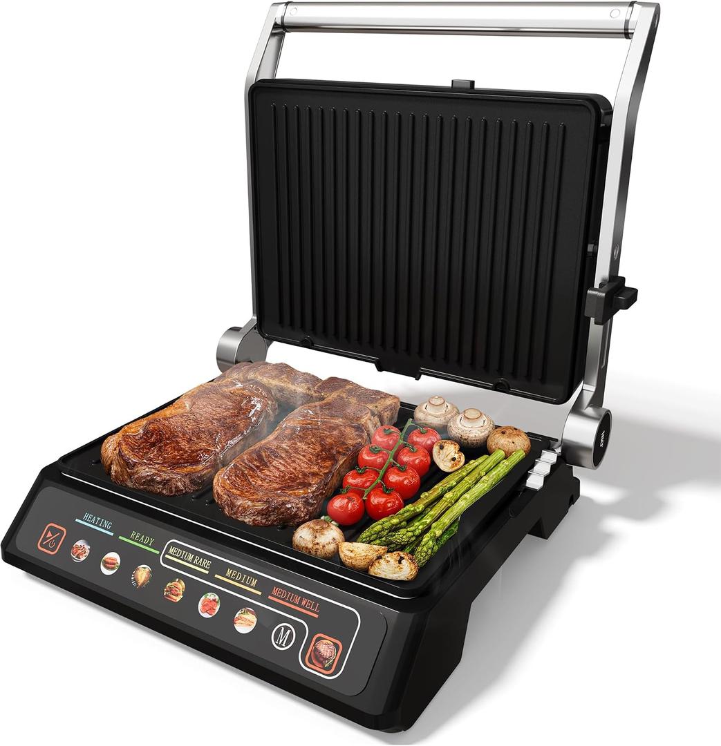 3-in-1 Indoor Grill & Griddle: 180° Flat Opening, Preset Menu, 1600W Electric Panini Press Sandwich Maker with Removable Non-stick Plates, Easy to Clean (Black, 14.25x13.4x5.9″)