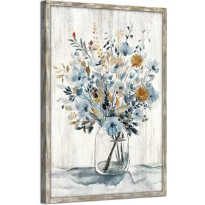 Flower Bouquet Wooden Wall Art: Gray Blue Floral Bouquet in Jar Painting with Gold Foil Artwork Framed for Bedroom (24W x 36H, Multi-Sized)