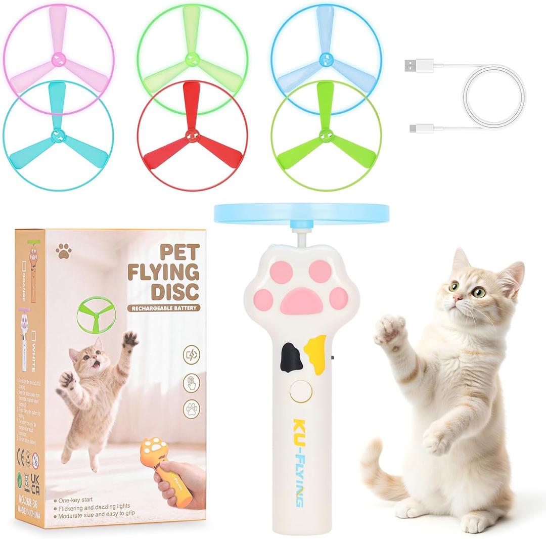 Cat Fetch Toy, Rechargeable Flying Disc Launcher with 6 Flying Discs, Cat Interactive Hunting Toys for Outdoor & Indoor (White)