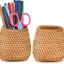 Hacaroa Set of 2 Rattan Pencil Holder for Desk, Handmade Wicker Pen Cup Cute Boho Desk Organizer, Woven Makeup Brush Holder Utensil Container for Home, Office Table Decor