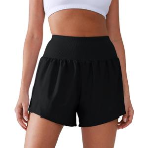 Women's High Waisted Running Shorts with Spandex, Athletic Shorts for Women Light and Airy with Wind-Resistant Fabric (Black, L)