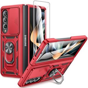 VEGO for Samsung Galaxy Z Fold 4 Case with Separate Screen Protector & Slide Lens Cover Built-in 360° Rotate Ring Kickstand Cover Case for Samsung Galaxy Z Fold 4 5G 2022 - Red