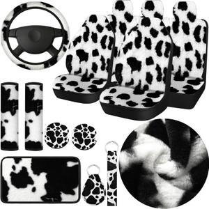 Plush Cow Print Car Accessories Full Sets Warm Cow Print Car Seat Covers Winter Christmas Car Seat Cover Rubber Steering Wheel Cover Armrest Pad Cover Seat Belt Pads Wrist Holder Keychain (Cow Print)