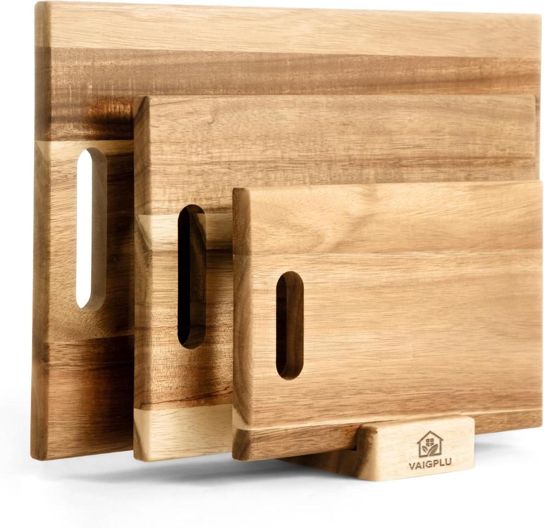 Acacia Cutting Board Set of 3 with Holder, Solid Acacia Wood Chopping Boards, Thick Kitchen Cutting Boards, Serving Boards for Meat, Vegetables and Fruits