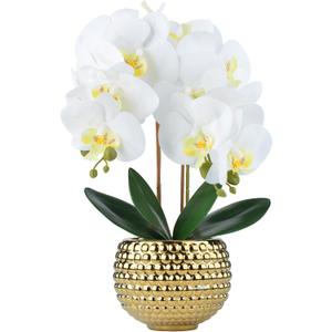 Large White Orchids Artificial Flowers with Gold Pot, 17"