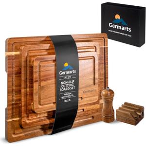 Wooden Cutting Board Set of 3 Acacia Wooden Cutting Boards for Kitchen Design with Holder to Home Decor, Kitchen Gadgets for Cooking, Serving, Camping and Charcuterie Boards, Includes Grinder