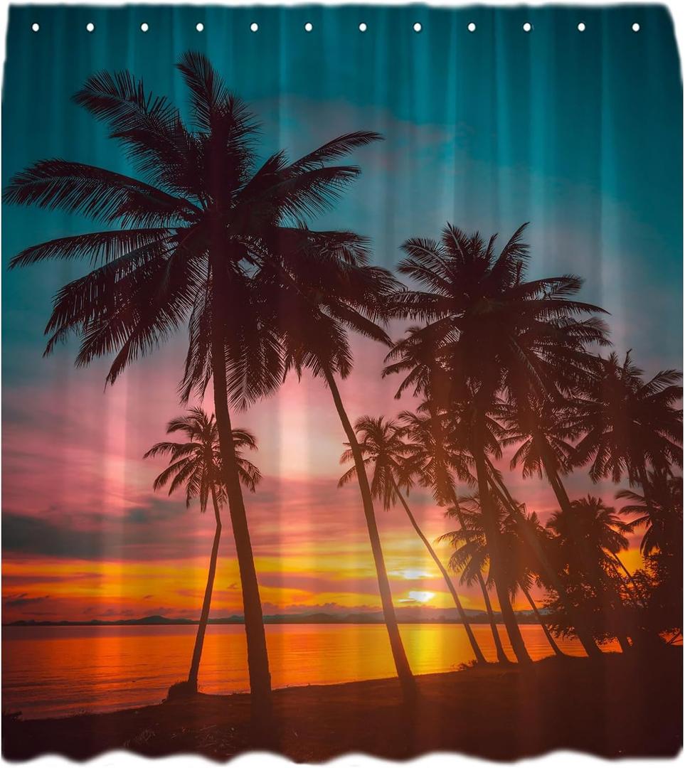 Sunset Beach Shower Curtain Ocean Teal Orange Sky Tropical Palm Tree Hawaiian Coastal Seascape Sea Waves Seaside Nature Scenery Bath Curtain with Hooks (70"W x 70"L (Pack of 1))