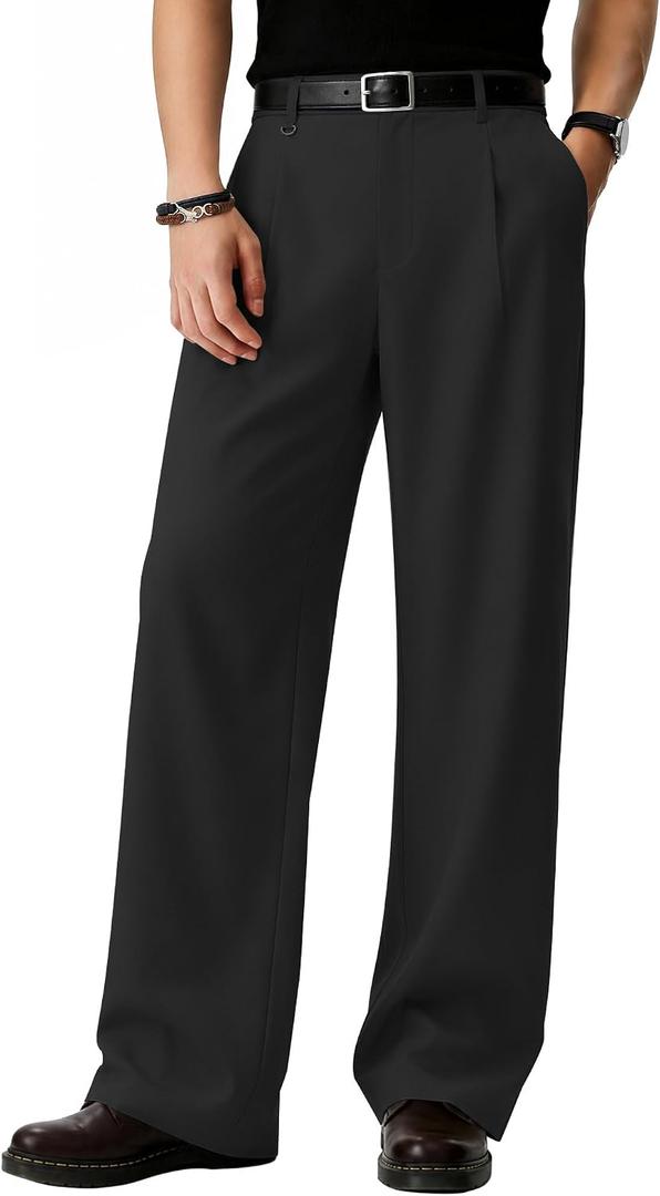 ZKMAN Men's Wide Leg Pleated Dress Pants Drawstring Elastic Waist Slacks | Baggy casual dress trousers, Loose relaxed fit, Hidden elastic waist & inner drawstring, Old money style & d-ring detail, XXL Black