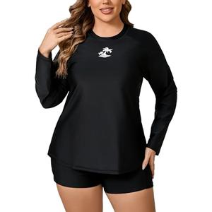 JOYBIK Women Plus Size Long Sleeve Rash Guard Built in Bra Swim Shirt and Shorts with Pockets UPF50+ Two Piece Swimsuit Black, XL