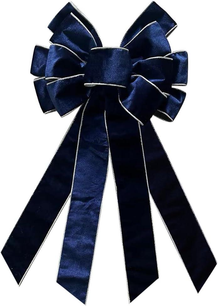 6 Pack Christmas Wreath Bow 20 x 11 Inches Large Christmas Bows Silver Trimmed Blue Velvet Bow Winter Farmhouse Bow Xmas Tree Topper Ornament Bow for Home Front Door Decorations