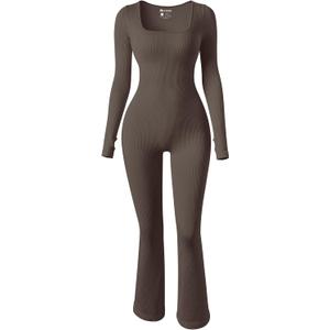 OQQ Women Yoga Jumpsuits Ribbed Exercise Long Sleeve Tops Bell Bottoms Flare Jumpsuits (Medium, Tea Leaf)