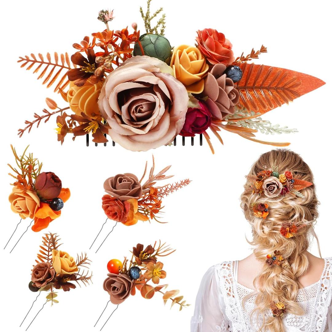 Norme 5 Pcs Wedding Flower Hair Comb Hairpins Set Orange Hair Floral Accessories Boho Artificial Dried Roses Eucalyptus Leaves Handmade Dress Decor for Women Girls Bridesmaids Bridal Shower