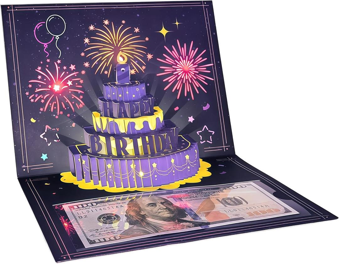 Creative 3D Pop-Up Birthday Card  Candle-Blowing Feature, Plays Happy Birthday Song, Includes Cash Slot & Message Card Holder
