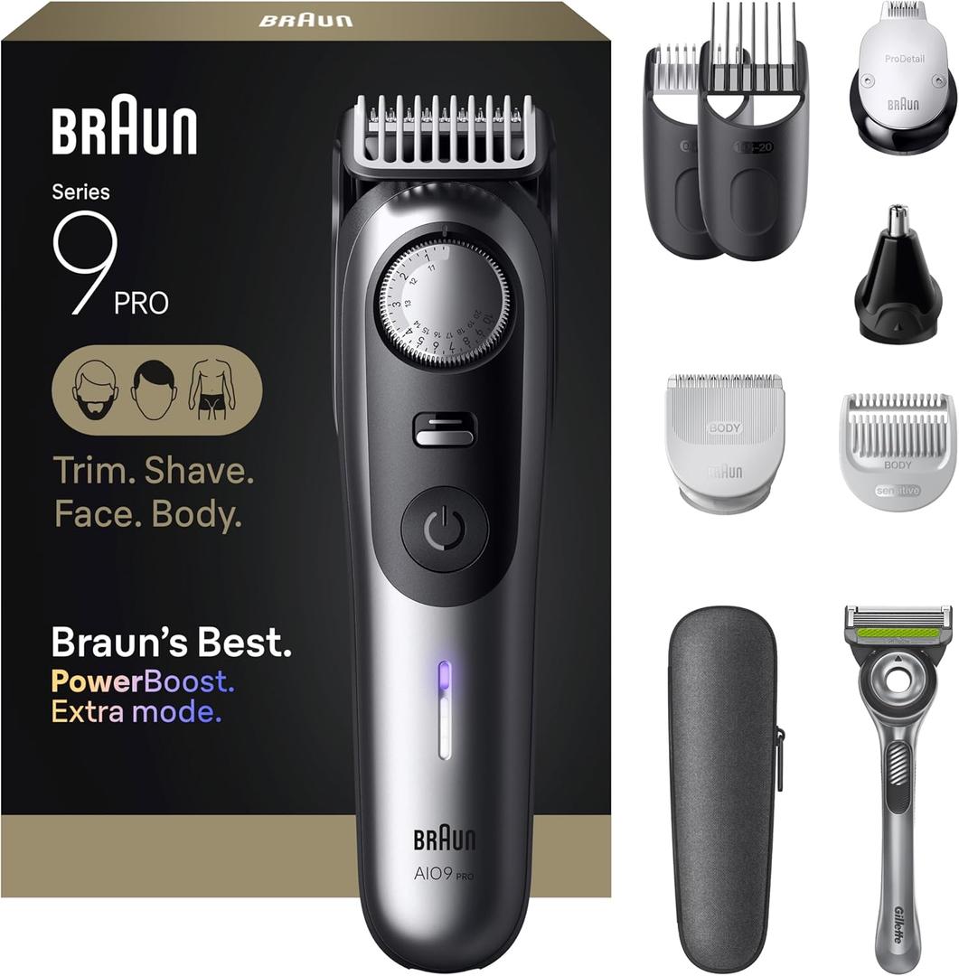 Braun Series 9 PRO All-in-One Beard & Body Grooming Kit for Men, Cordless Trimmer, Hair Clippers & Shaver for Face, Hair & Body with Gillette Labs Razor, AIO 9550