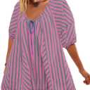 Yanekop Womens Romper Dress with Shorts Striped Romper Overall Oversized Short Jumpsuit V Neck Puff Sleeve Mini Dress (Small, Hot Pink Green)