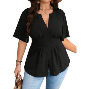 GORGLITTER Women's Plus Size Peplum Tops Short Sleeve V Neck Asymmetrical Blouse Shirts Summer Going Out Tops 2025 (XX-Large Plus, Black)