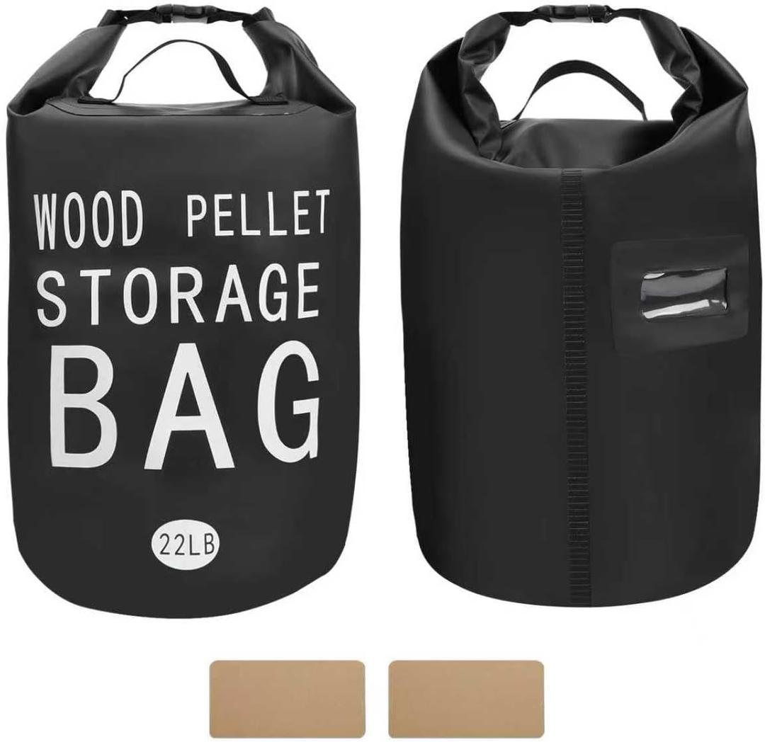 22LB Waterproof Wood Pellet Storage Bag; 500D PVC Charcoal Storage Container with Dual Handles, Label Pocket & Buckle Seal for Grill Smoker BBQ Outdoor Use (2, 22LB-Black)
