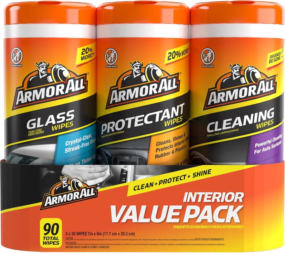 Armor All Protectant, Glass and Cleaning Wipes, Wipes for Car Interior and Car Exterior, 30 Count Each (Pack of 3) (90 Wipes Total)