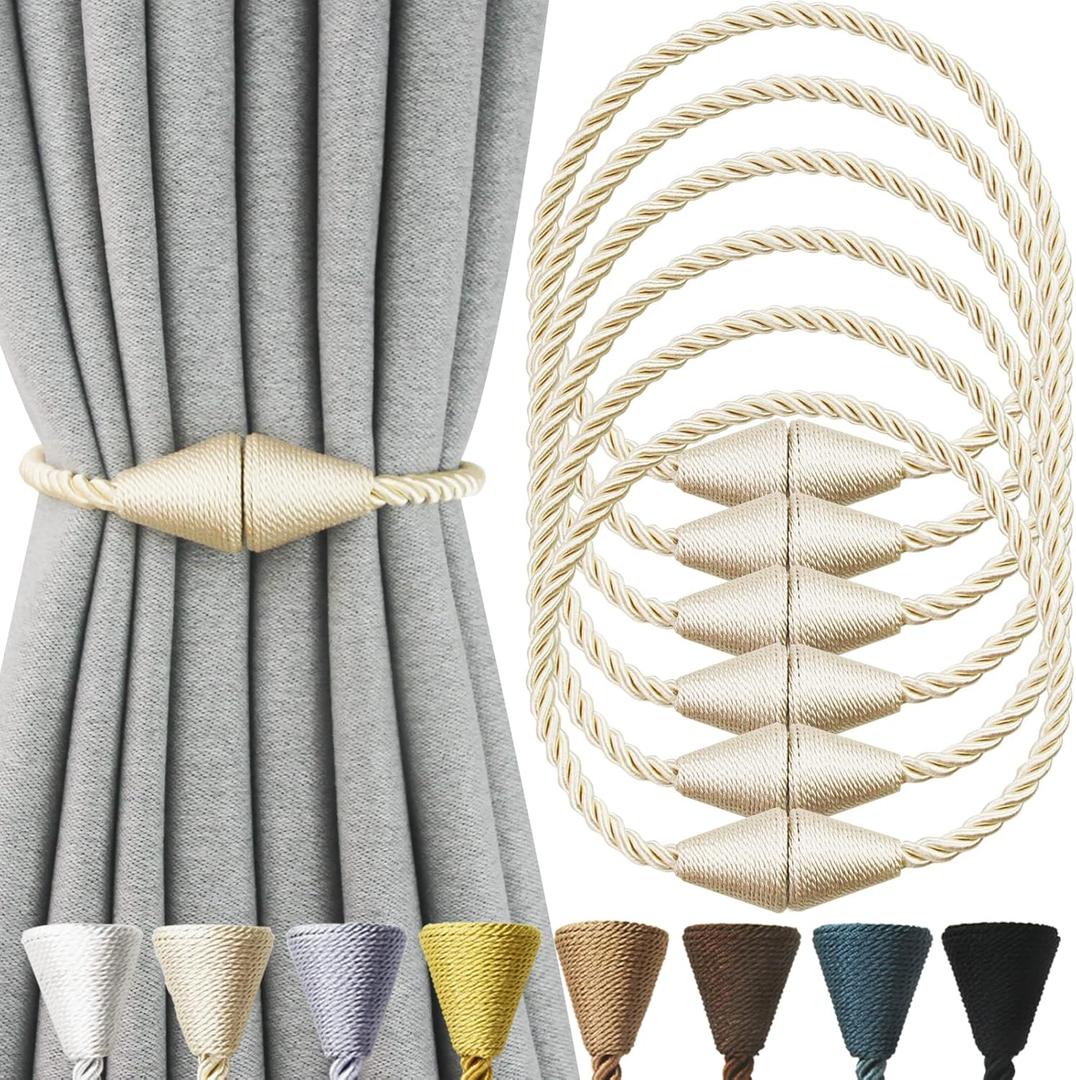6 Pack Magnetic Curtain Tiebacks Rope Modern Handmade Curtain Tie Backs Decorative Drapes Weave Holdbacks for Window Dcor, Beige