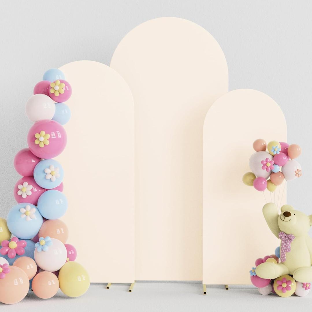 Putros Wedding Arch Cover 4FT, 5FT, 6FT Beige Spandex Fitted Round Top Chiara Backdrop Stand Covers 3 Set for Wedding Birthday Party Decoration