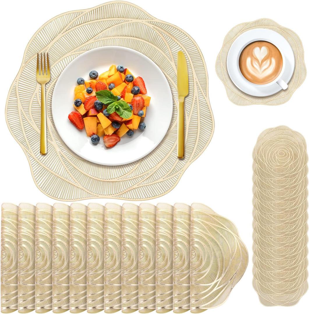 24 Pcs Round Pressed Vinyl Placemats Gold Placemat Coaster Set Metallic Place Mat Rose Floral Non Slip Table Mats for Wedding Dinner Party Table Supplies Washable Heat Resistant (Gold Rose, 24)
