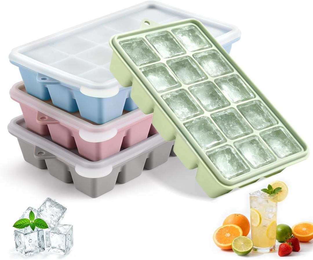 Silicone Ice Cube Trays with Lid, Set of 4, Easy Release Ice Molds, Reusable and Stackable Ice Trays for Freezer for Cocktail, Whiskey, Baby Food, BPA Free
