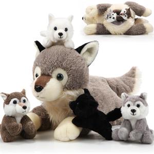Shappy 5 Pieces Soft Wolf Stuffed Animal Family Set  16 Inch Large Mommy Plush with 4 Small Baby Plushies on Galentines Valentines Day Easter Birthday Exchange Gifts for Kids Boys Girls