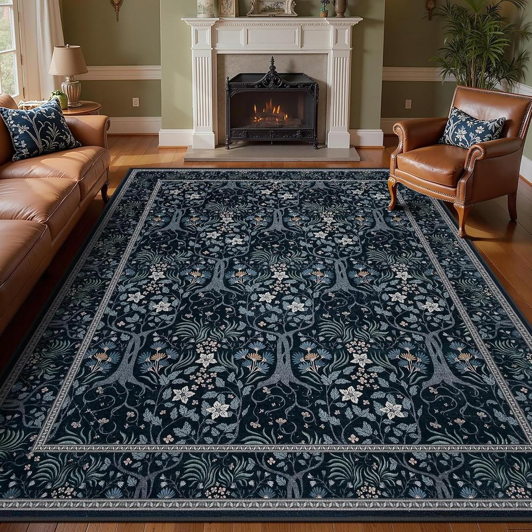 Washable 5x7 Area Rugs for Living Room, Boho Floral Vintage Rug Dark Blue