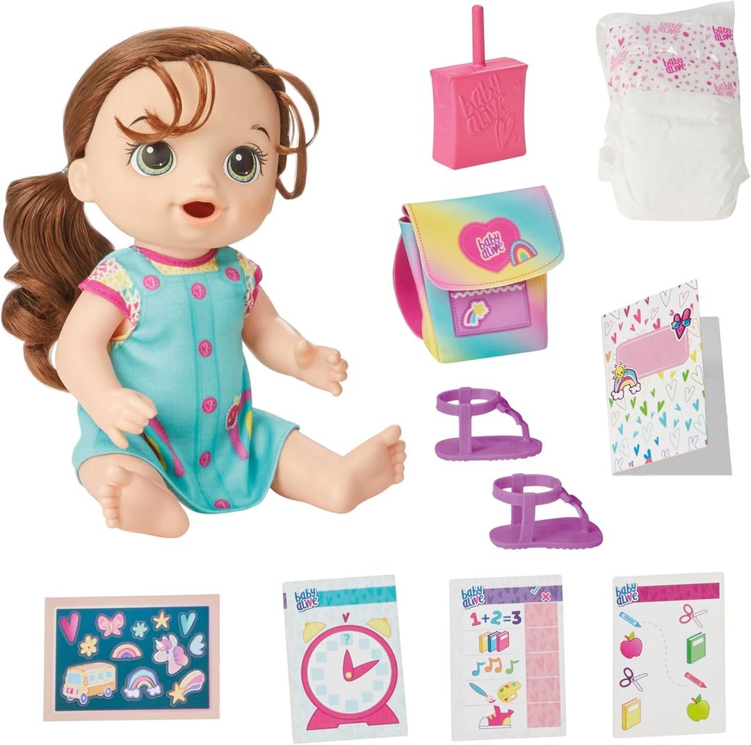 Baby Alive Time for School Baby Doll Set, 12 Inch, Back to School Toys for Girls & Boys, Brown Hair, Preschool Gifts for Kids, Ages 3+