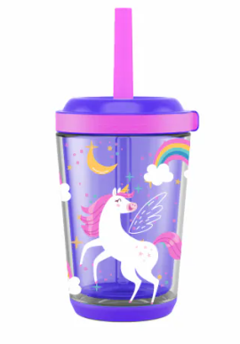 Reduce® Cartwheel Purple Unicorn Tumbler & 
Jacent Plastic Reusable Kids Straws 24 x 6 straws per pack plus 1 cleaning brush