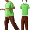 Oerinkend Men's Halloween Deluxe Costume Set  Complete Outfit with Brown Wig, Green TShirt, Brown Pants (Small) Size S
